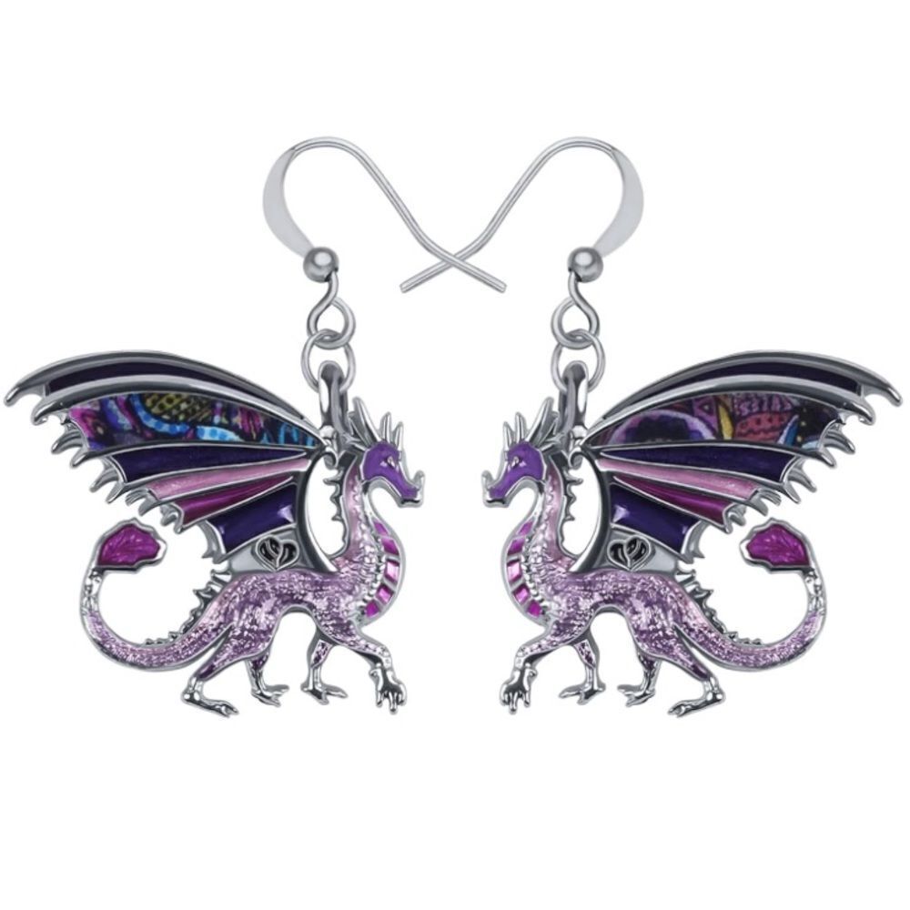 Silver and Multicolor Enamel Mythical Dragon Dangling French Wire Hook Earrings